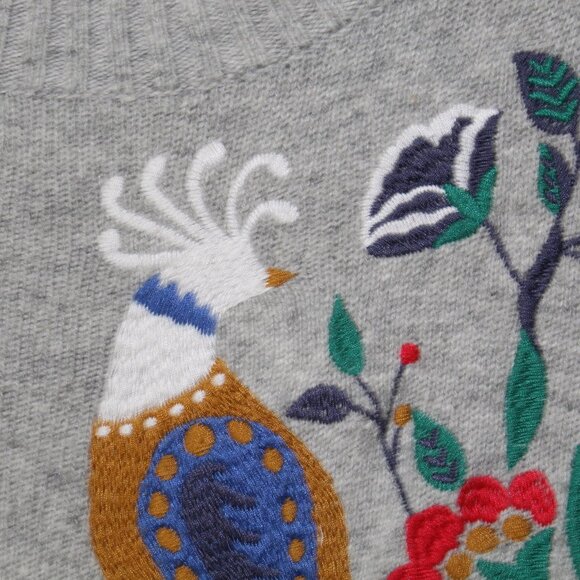 Loft Gray Embroidered Peacock Crew Neck Bell Sleeve Pullover Sweater Size S - Picture 5 of 7